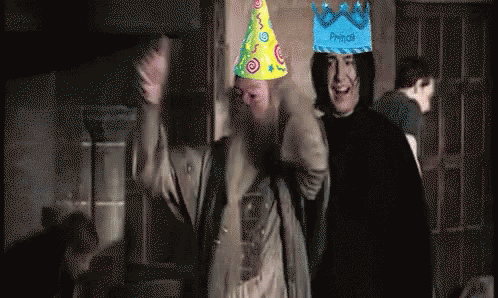 Harry Potter Characters Wearing Party Hats And A Crown GIF