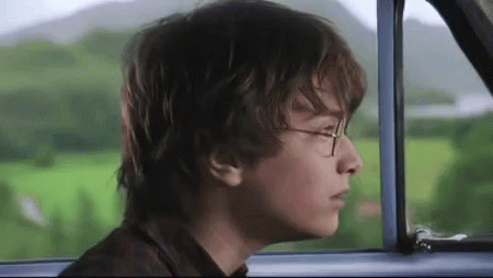 harry potter is looking out of a car window .