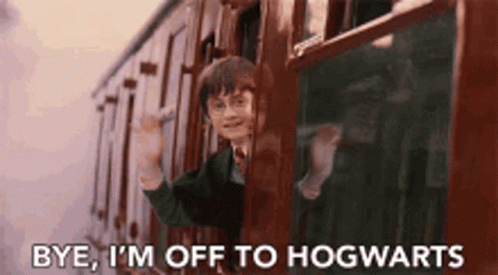 harry potter is waving from a train window and saying `` bye , i 'm off to hogwarts ''