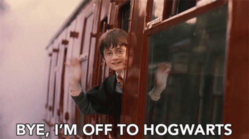 harry potter is waving from the window of a train and saying bye i 'm off to hogwarts .