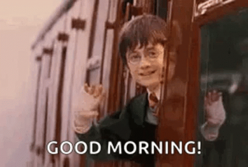 harry potter is waving out of a train window and saying good morning .