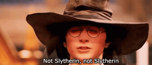 Harry Potter Is Wearing A Wizard Hat And Glasses And Saying Not Slytherin , Not Slytherin . GIF