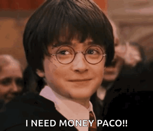 Harry Potter Is Wearing Glasses And A Suit And Tie And Says I Need Money Paco ! GIF