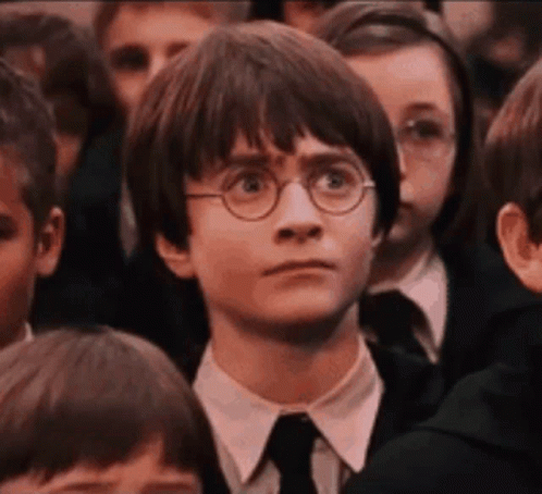 Harry Potter Wearing Glasses And A Tie Is Sitting In A Crowd Of Children . GIF