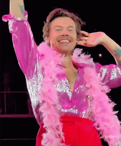 Harry Styles in Pink and Silver Outfit With Pink Boa