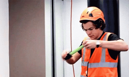 Harry Styles Is Wearing A Hard Hat And An Orange Vest While Holding A Green Object . GIF