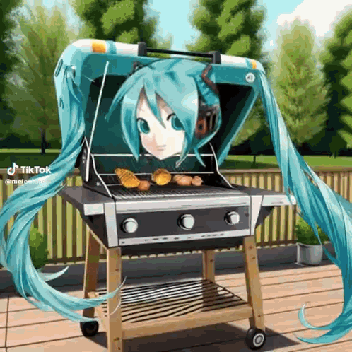 Hatsune Miku Is Cooking Food On A Barbecue Grill . GIF
