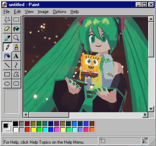 Hatsune Miku Is Holding A Spongebob Squarepants Doll In A Paint Program GIF