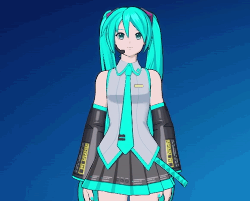 hatsune miku stands in front of a blue sky