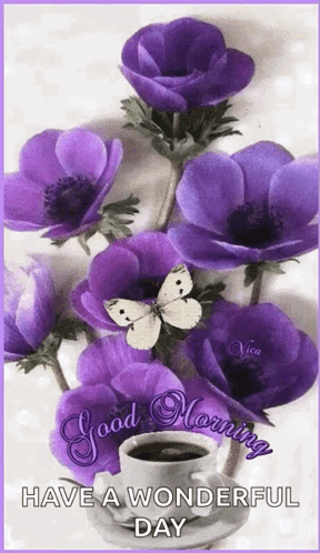 Have A Great Saturday Violet Flowers With Coffee GIF