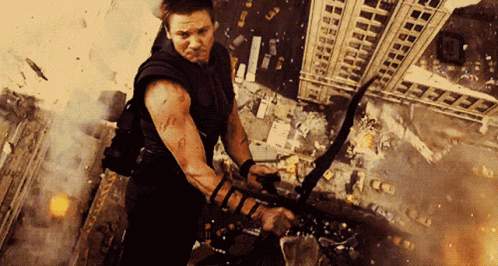 Hawkeye Shooting Arrow Off Building GIF