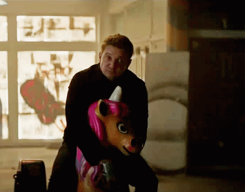 Hawkeye Jeremy Renner Riding Toy Horse GIF