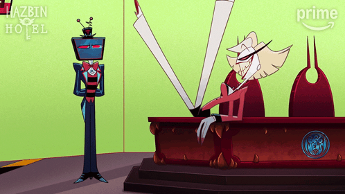 Hazbin Hotel Poster Cartoon Character at Table