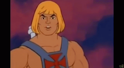 He Man From The Masters Of The Universe Is A Cartoon Character With Blonde Hair . GIF