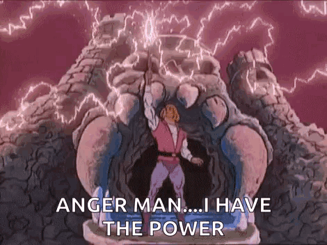 He Man Is Holding A Sword In Front Of A Monster And Saying `` Anger Man , I Have The Power '' . GIF