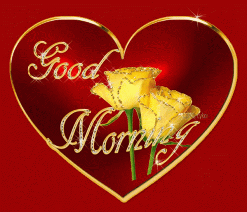 Heart With Good Morning And Yellow Roses On Red GIF
