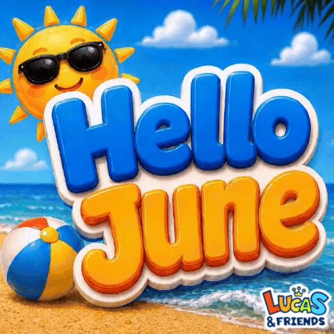 Hello June Sign With Sun and Beach Ball