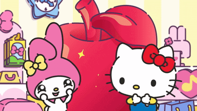 Hello Kitty And My Melody Are Standing Next To A Red Apple GIF