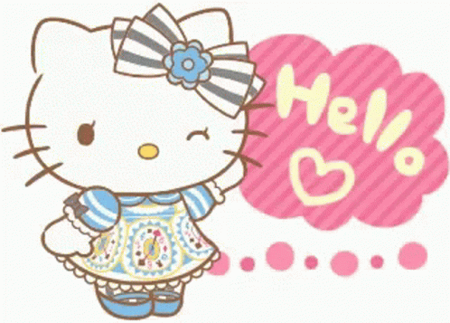 Hello Kitty In Blue-White Dress Pink Heart Bubble GIF