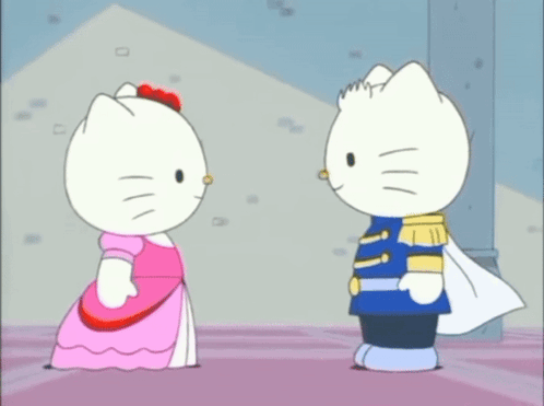 Hello Kitty In Pink Dress And White Cat In Blue Cape GIF