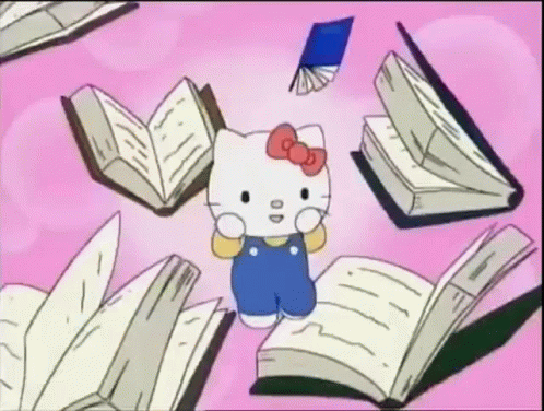 Hello Kitty Is Surrounded By Books On A Pink Background . GIF