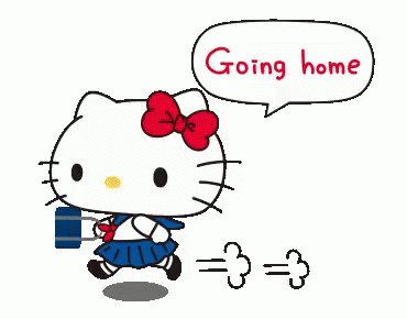 Hello Kitty Is Walking With A Blue Bag And A Speech Bubble That Says Going Home GIF