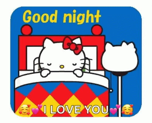 Hello Kitty Laying in Bed With Lamp Says Good Night I Love You