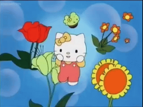 Hello Kitty Standing In Field Of Flowers GIF