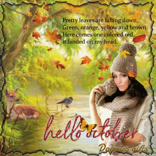 Hello October Card Woman in Hat and Scarf