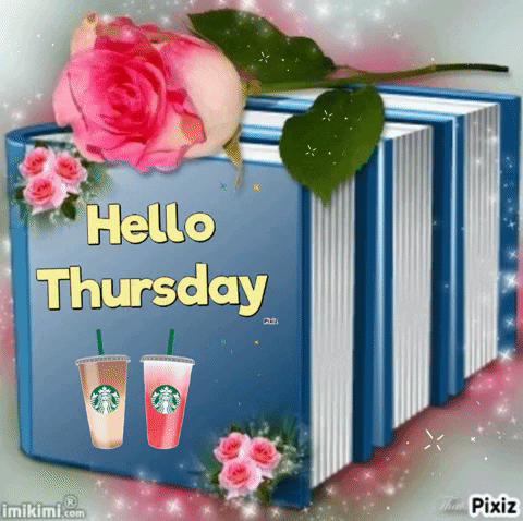 Hello Thursday Greeting Card With Book And Flowers GIF