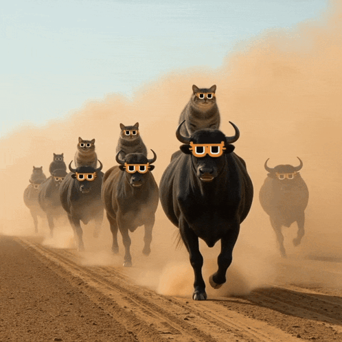 Herd Of Bulls And Cats In Sunglasses GIF