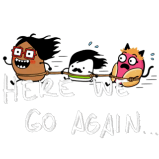 Here We Go Again Cartoon Characters Pulling Each Other