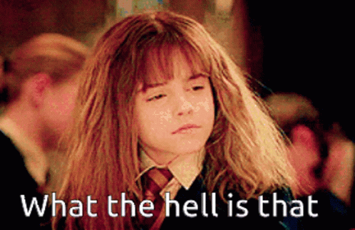 Hermione Granger From Harry Potter Is Making A Funny Face With The Words " What The Hell Is That " Below Her GIF