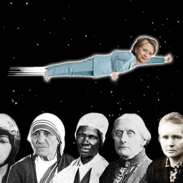Hillary Clinton Flying Over A Line Of People GIF