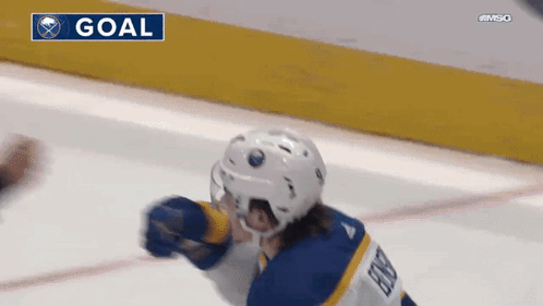 Hockey Player Celebrating Goal In Sabres Uniform GIF