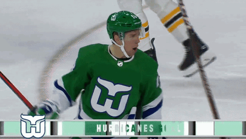 Hockey Player in Green Hurricanes Jersey Holding Stick