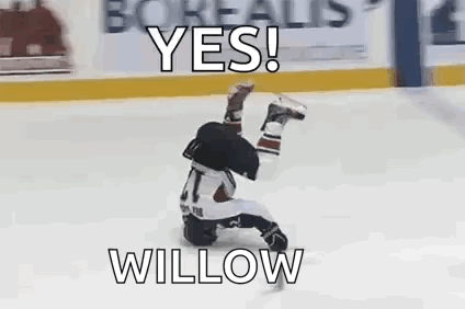 Hockey Player Laying on Ice Saying Yes Willow