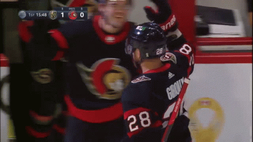 Hockey Player Number 28 Hugging Another Player