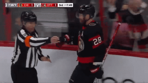Hockey Player Number 28 Shaking Hands With Referee