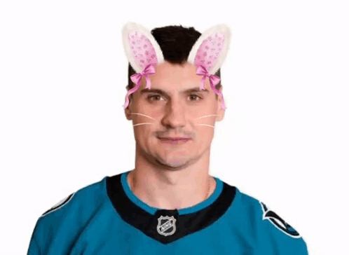 Hockey Player With Bunny Ears and Cat Mask