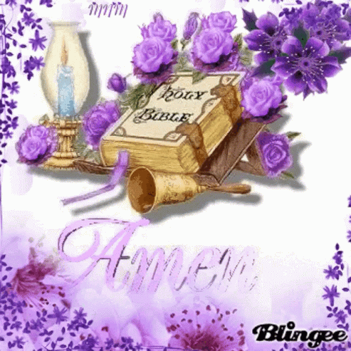 Holy Bible Surrounded by Purple Flowers and Bell