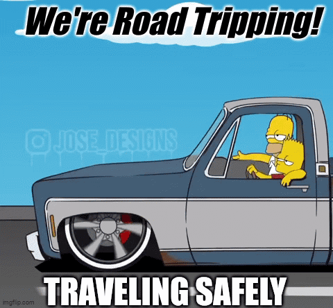 Homer and Bart Simpson Driving Truck We're Road Tripping