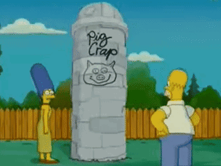 Homer and Marge Simpson Next to Silo Saying Pig Crap