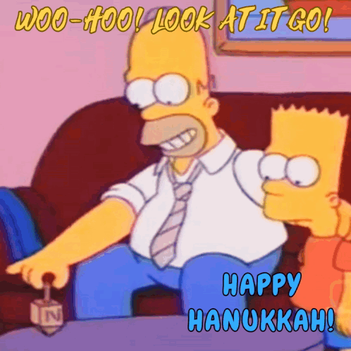 Homer Simpson and Bart Playing Dreidel Happy Hanukkah