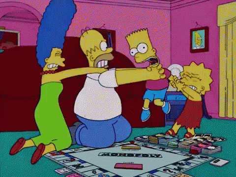 Homer Simpson And Bart Simpson Playing Monopoly In A Living Room GIF