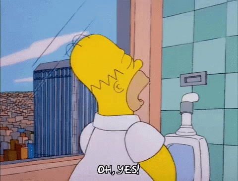 Homer Simpson in Front of Urinal with Oh Yes
