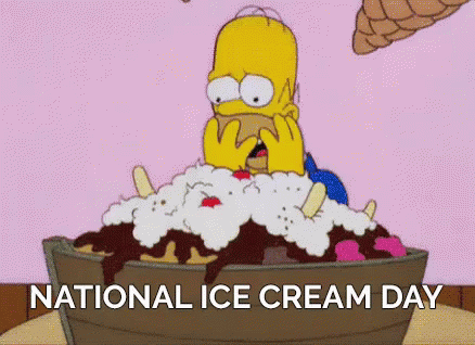 Homer Simpson Is Sitting In A Bucket Of Ice Cream With The Words National Ice Cream Day Below Him . GIF