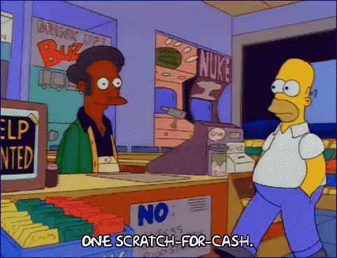Homer Simpson Is Standing In Front Of A Counter With A Sign That Says " No Scratch For Cash " GIF