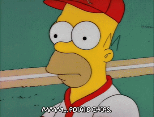 Homer Simpson Is Wearing A Red Hat And White Shirt And Says Potato Chips GIF
