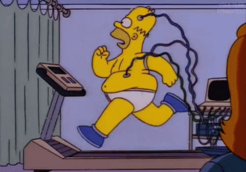 Homer Simpson Running on Treadmill With Wires in Mouth
